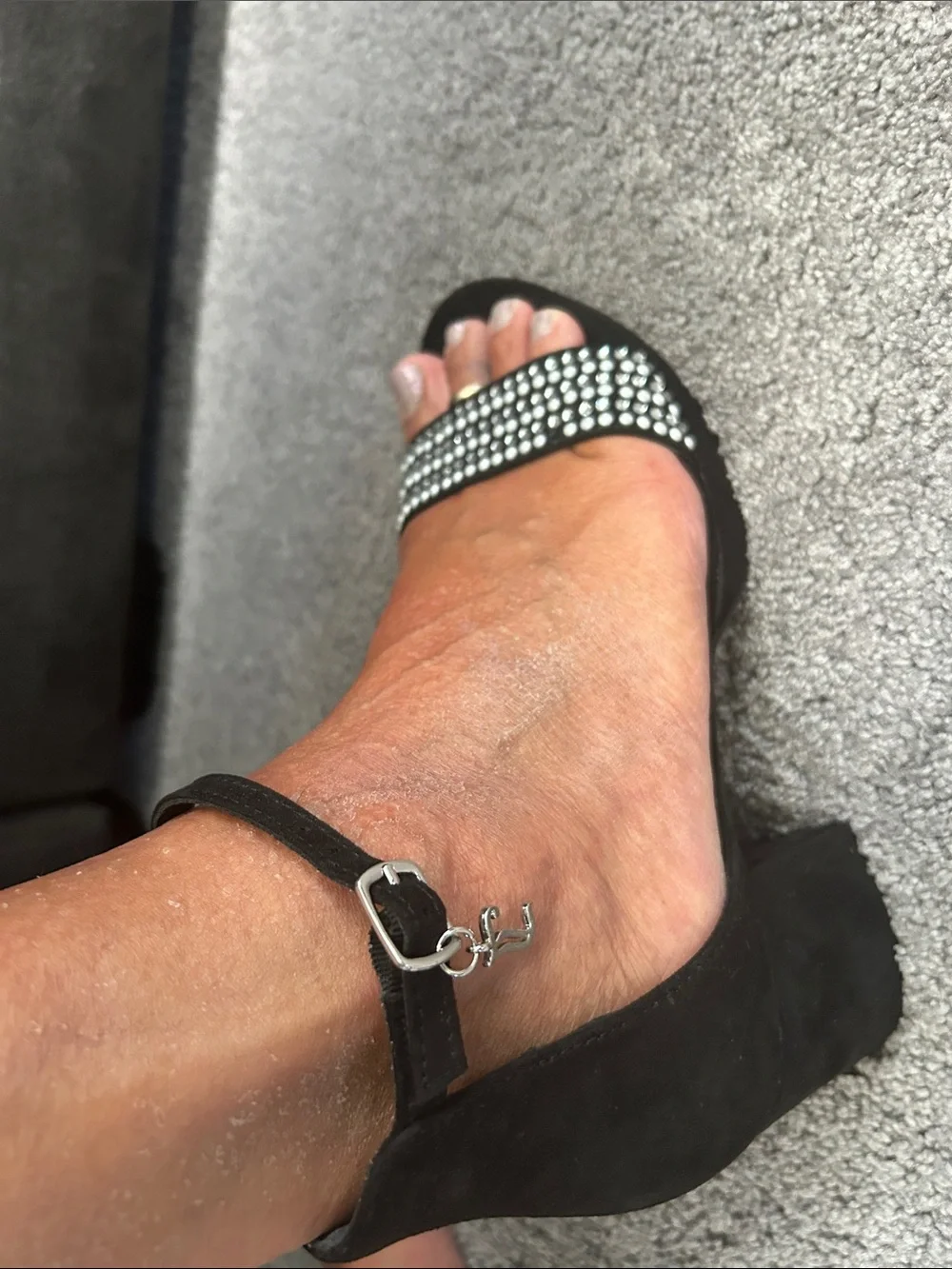 Juicy Couture Black Crystal-Studded Ankle-Strap Block Heels